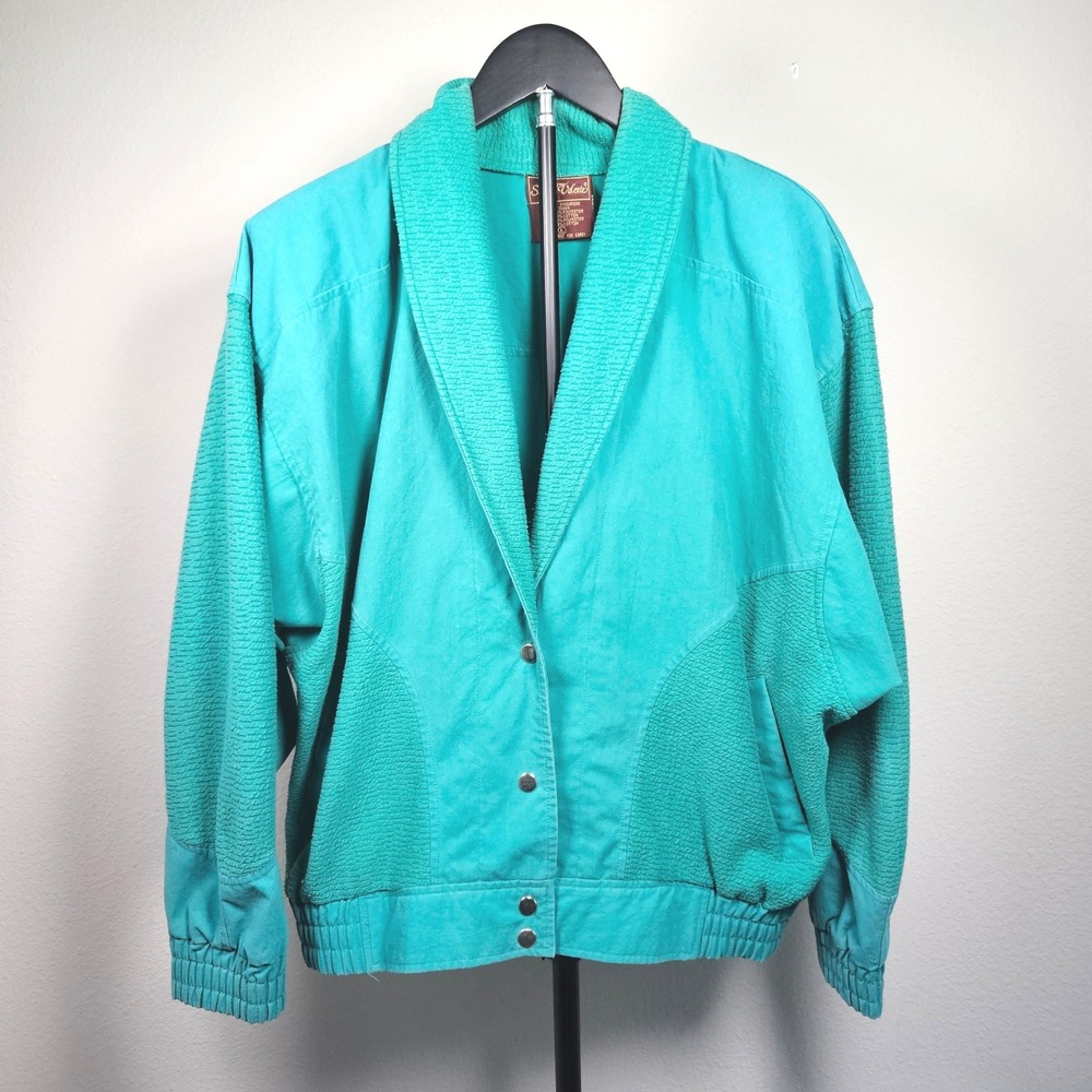 Sergio Valente Bomber Jacket Women L Green Textured Shawl Collar 80s Vintage